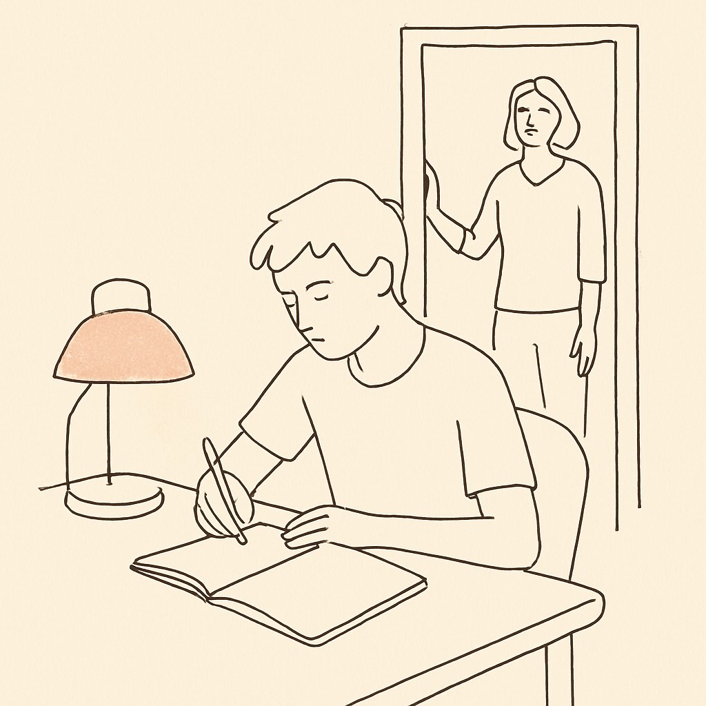 Line art of a teen at a desk with a notebook open, parent in the doorway, soft lamp light