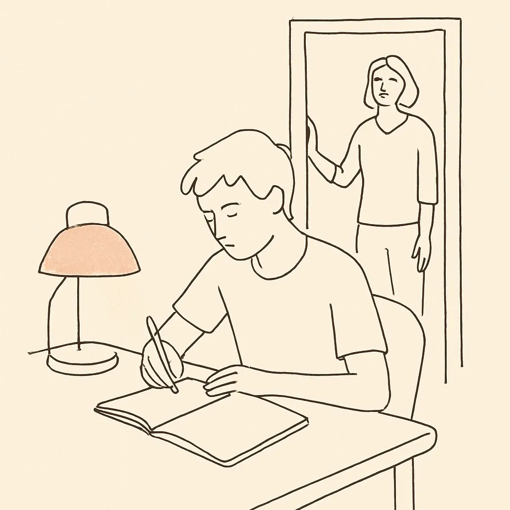 Line art of a teen at a desk with a notebook open, parent in the doorway, soft lamp light