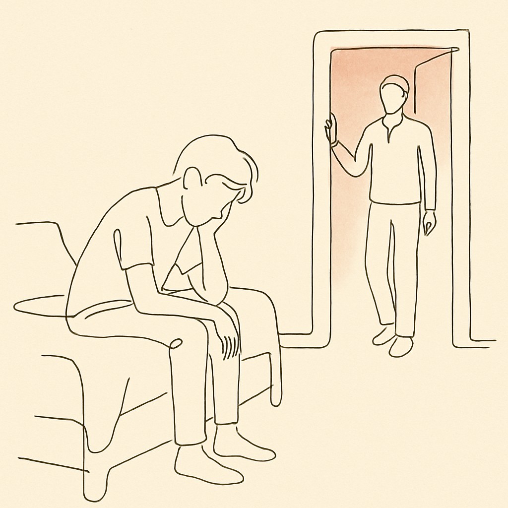 Line art of a teen sitting on the edge of their bed at night, a parent in the doorway, soft hallway light