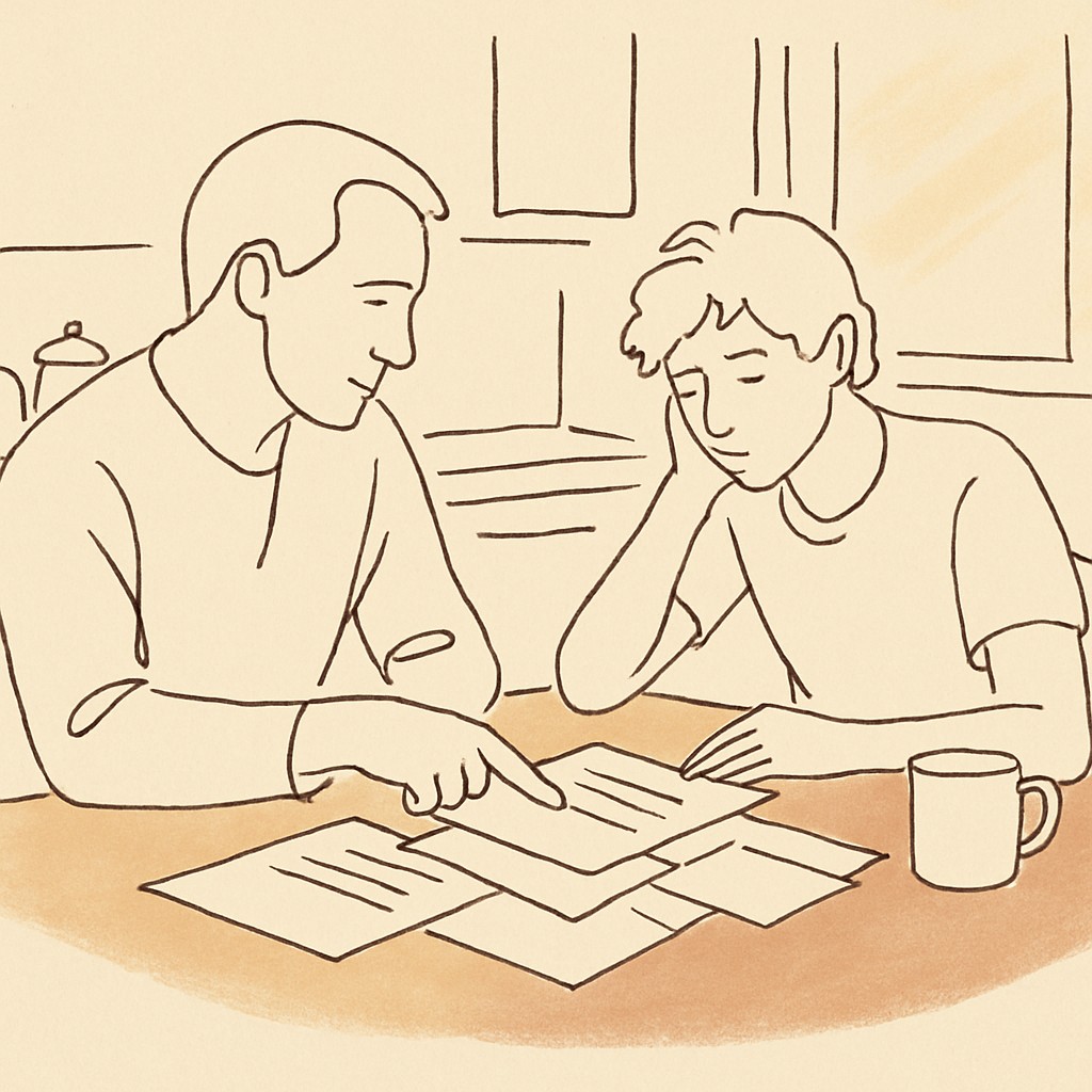 Line art of a teen and parent at a kitchen table with bills visible, soft afternoon light
