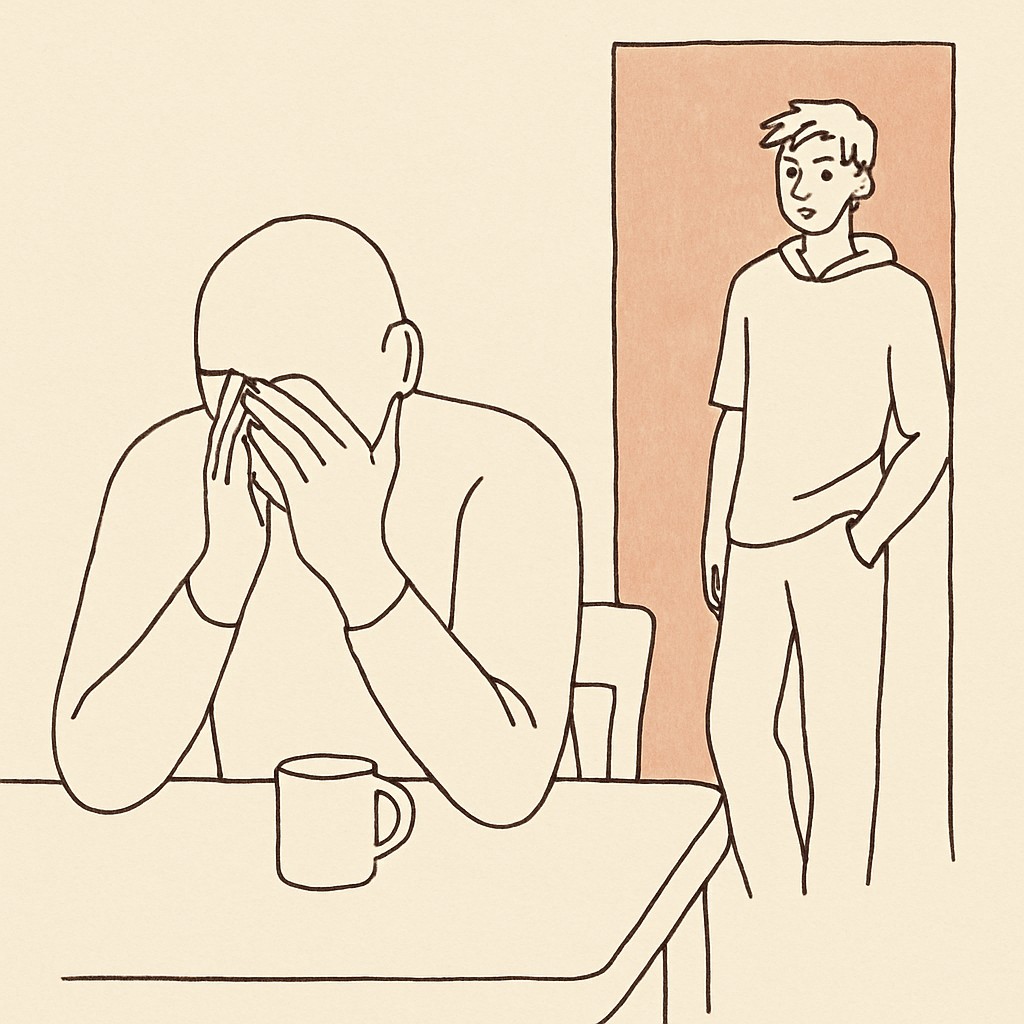 Line art of a parent at a kitchen table with hands near their face, a teen pausing in a doorway