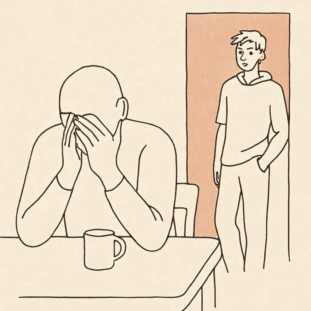 Line art of a parent at a kitchen table with hands near their face, a teen pausing in a doorway
