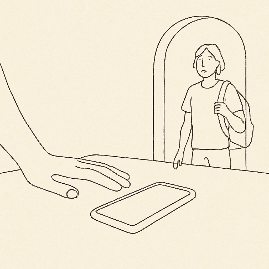 Line art of a phone on a kitchen table with a parent's hand near it, a teen entering the room