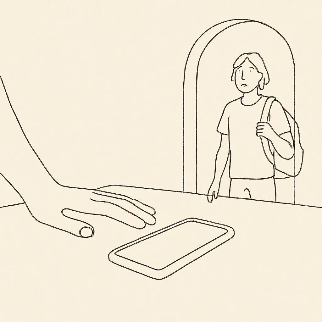 Line art of a phone on a kitchen table with a parent's hand near it, a teen entering the room