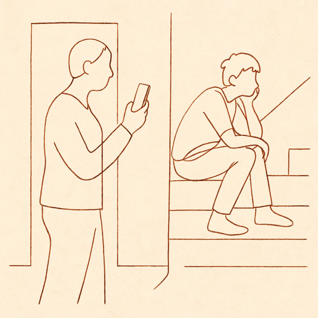 Line art of a parent holding a phone in a hallway, a teen pausing on the stairs
