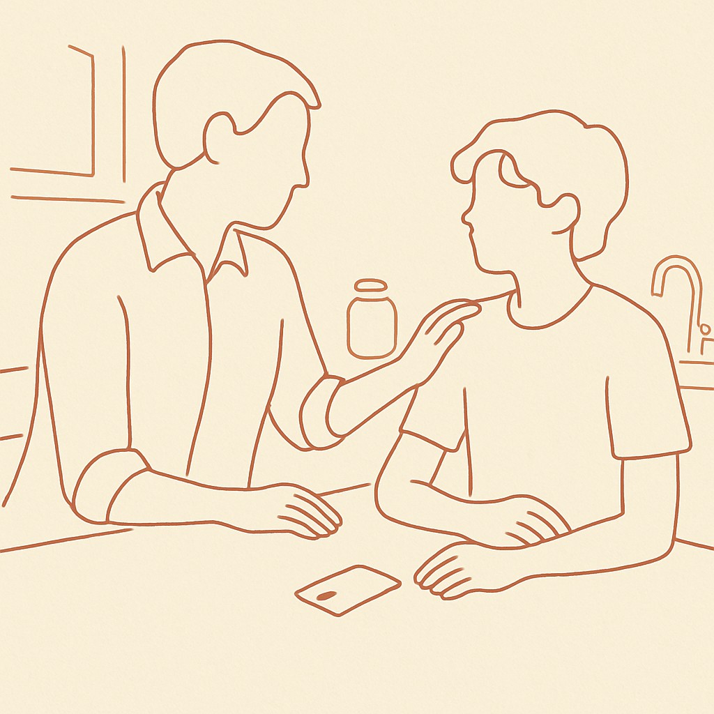Line art of a credit card on a kitchen counter between a parent and teen