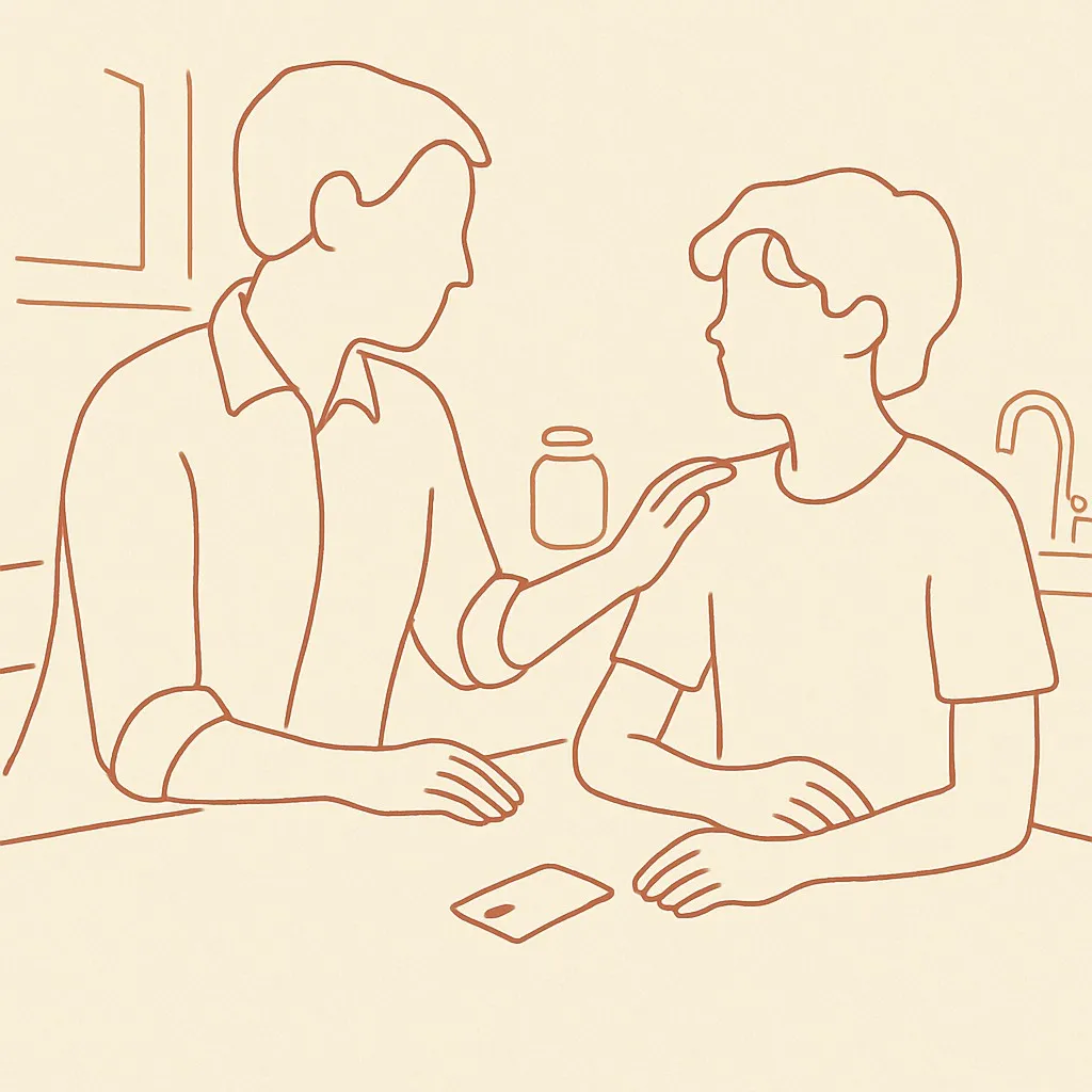 Line art of a credit card on a kitchen counter between a parent and teen