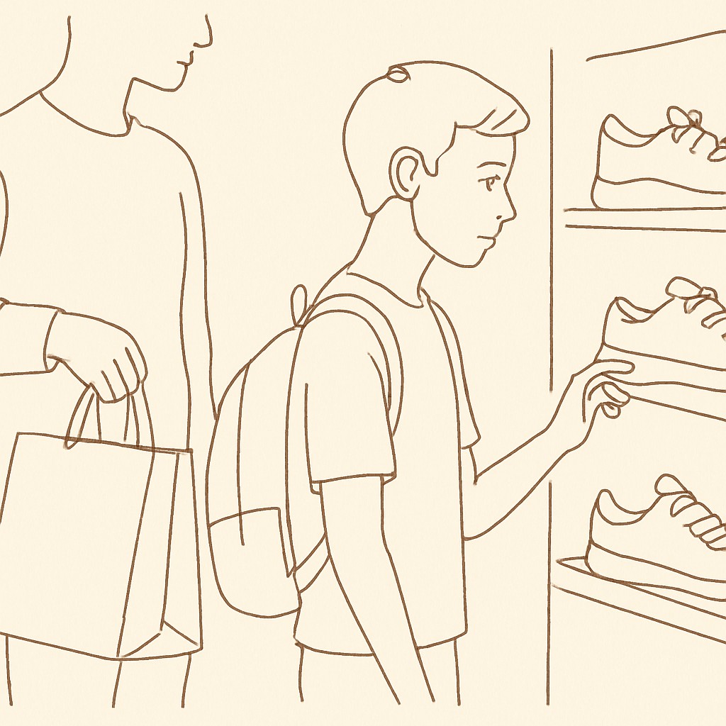 Line art of a teen looking at sneakers in a store, a parent half-visible holding shopping bags