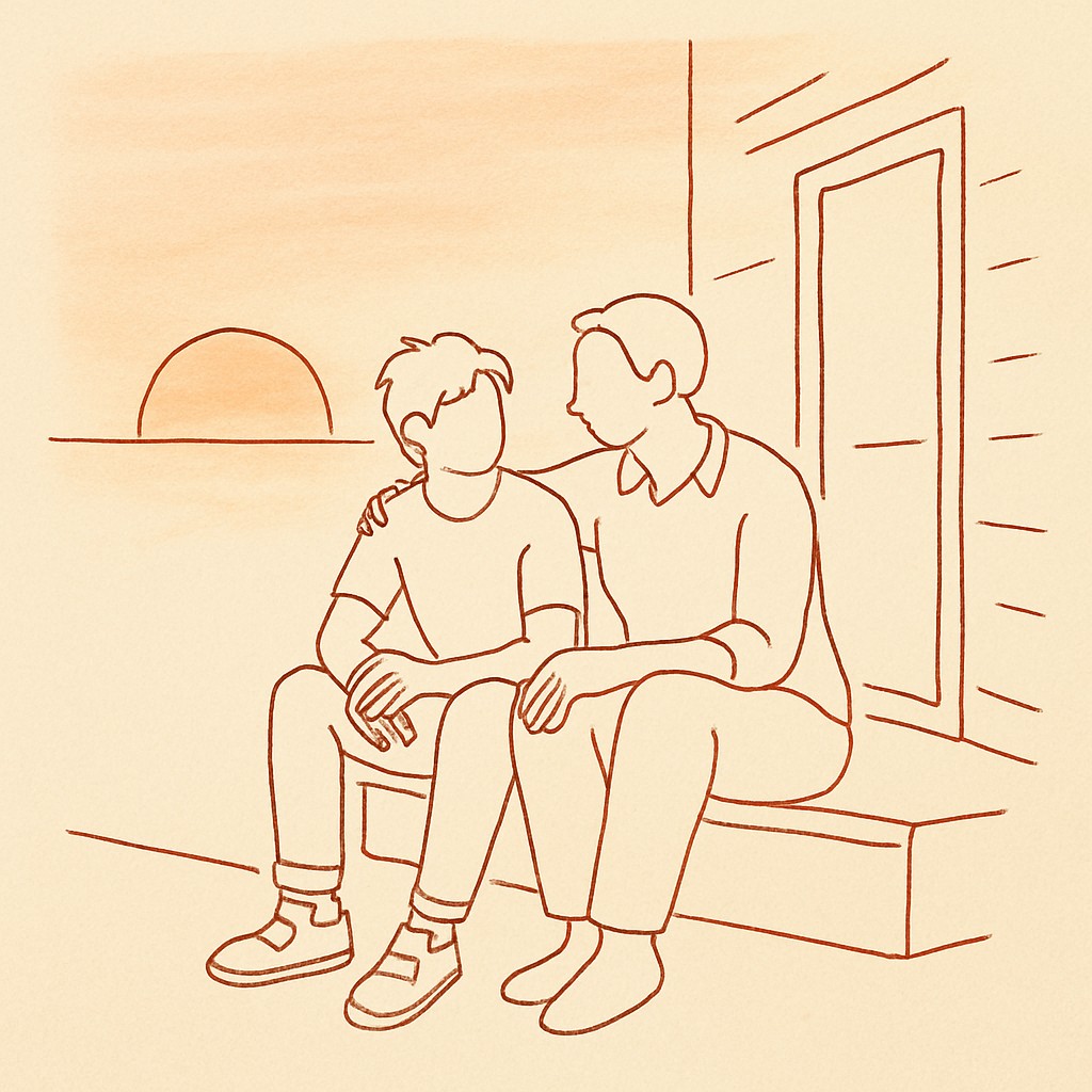 Line art of a teen and parent on a porch step at dusk, soft warm sky