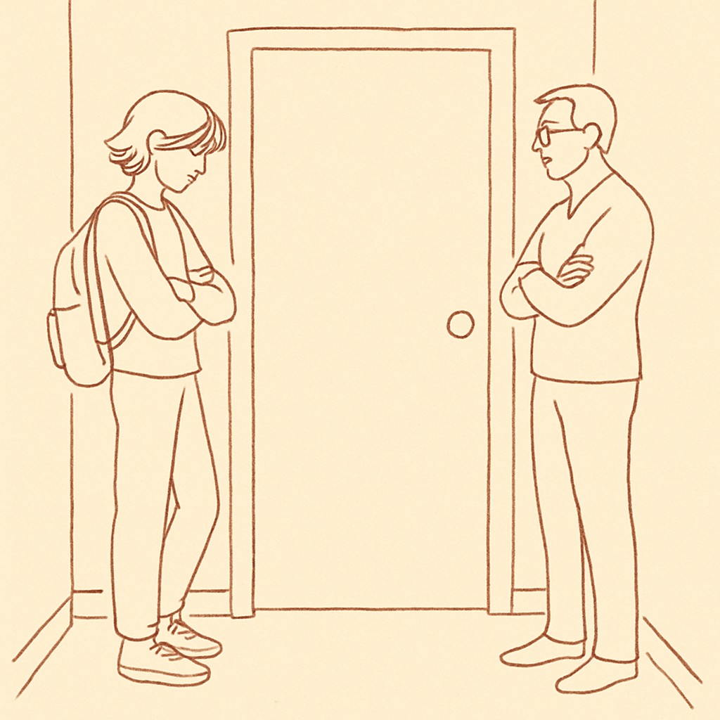 Line art of a teen and parent on opposite sides of a hallway, a closed door between them