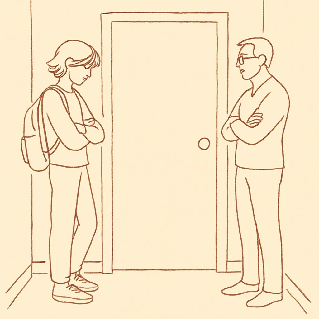 Line art of a teen and parent on opposite sides of a hallway, a closed door between them