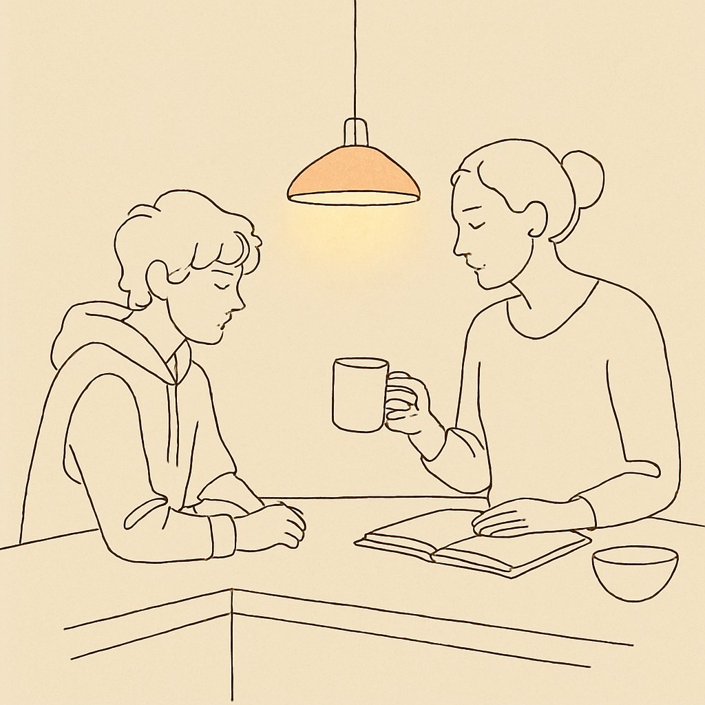 Line art of a teen and parent at a kitchen counter at night, soft warm light