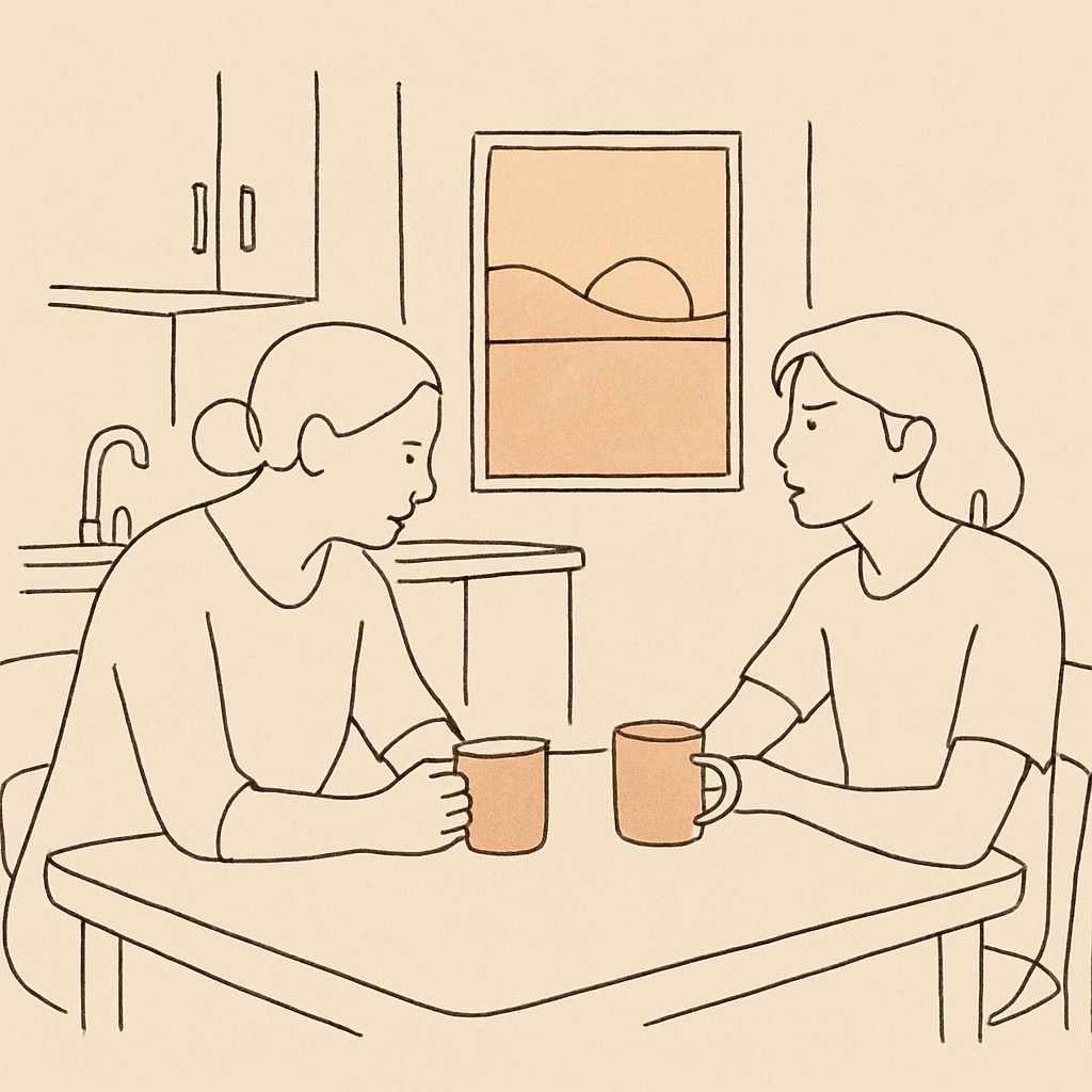 Line art of a parent and teen at a kitchen table at dusk, two mugs between them
