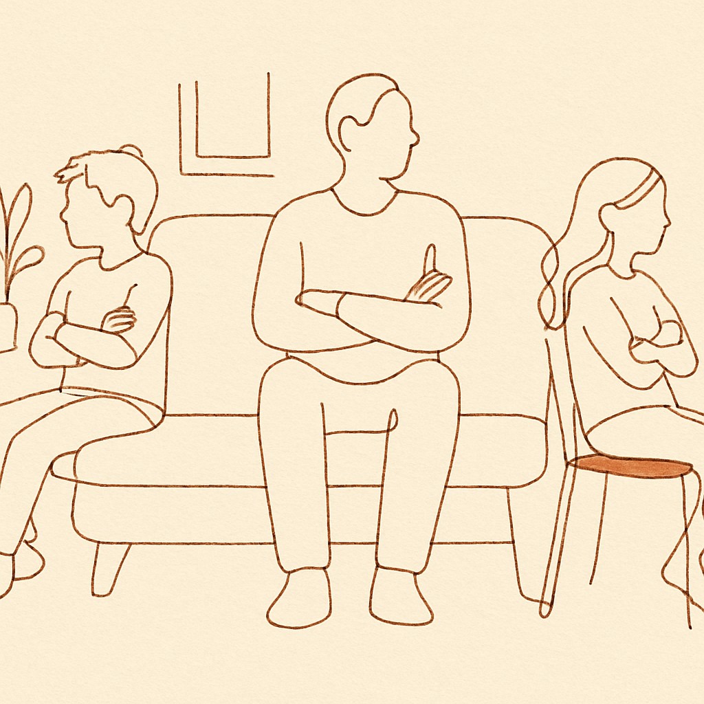 Line art of two siblings in a living room turned away from each other, parent in the middle