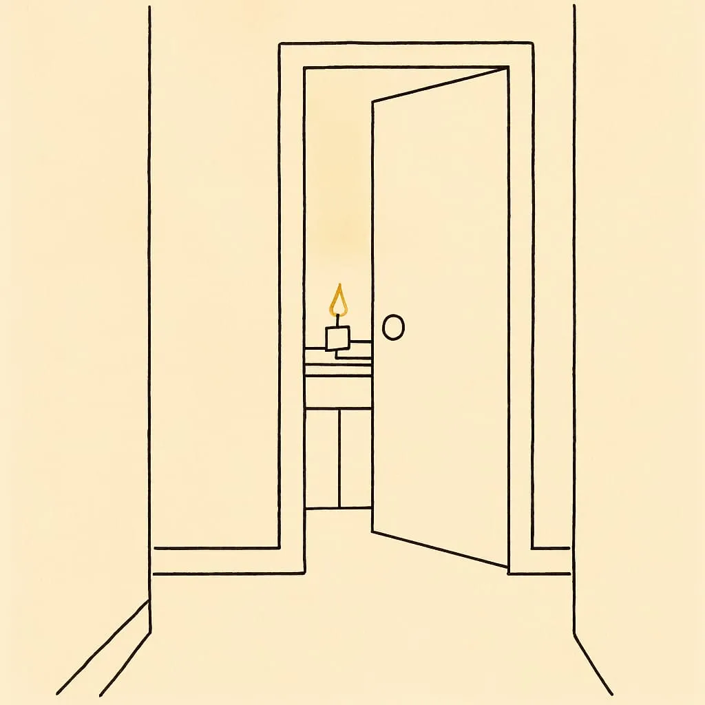 Line art of a half-open bathroom door at the end of a hallway with a small candle on the counter inside, a folded hand towel beside it, soft warm light