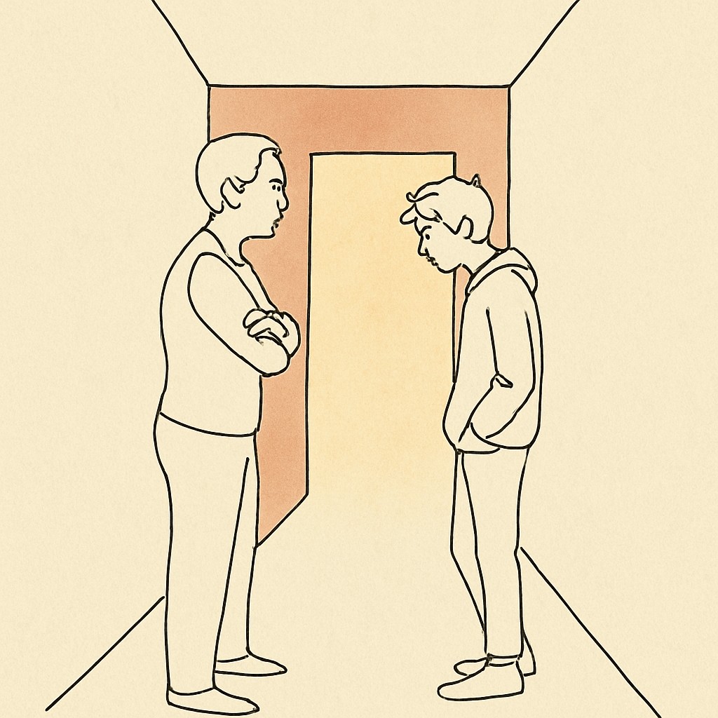 Line art of a parent and teen facing each other across a hallway, soft warm light from a doorway