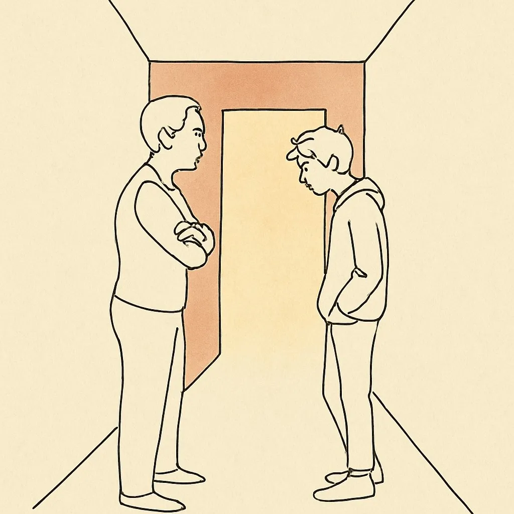 Line art of a parent and teen facing each other across a hallway, soft warm light from a doorway