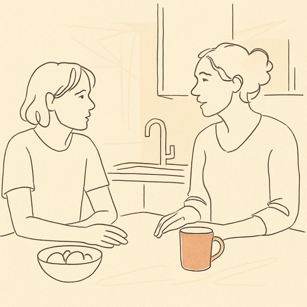 Line art of a teen and parent at a kitchen counter, soft afternoon light