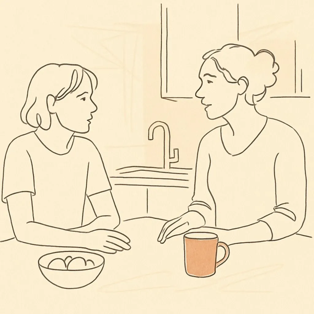 Line art of a teen and parent at a kitchen counter, soft afternoon light