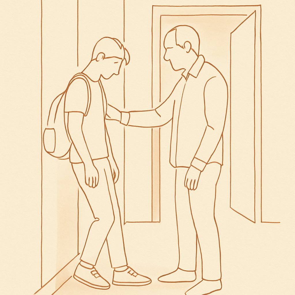 Line art of a teen and parent in a hallway, soft afternoon light
