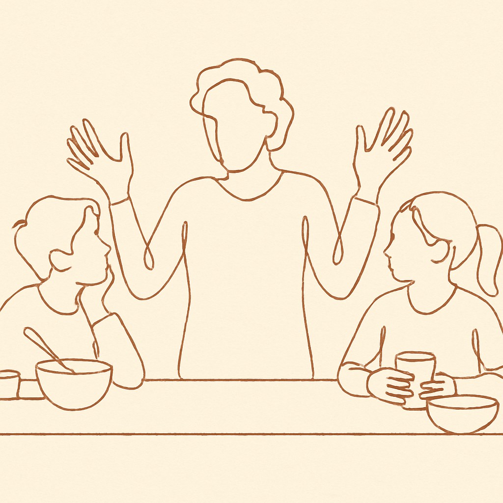 Line art of two siblings at a kitchen counter, parent in between with hands raised