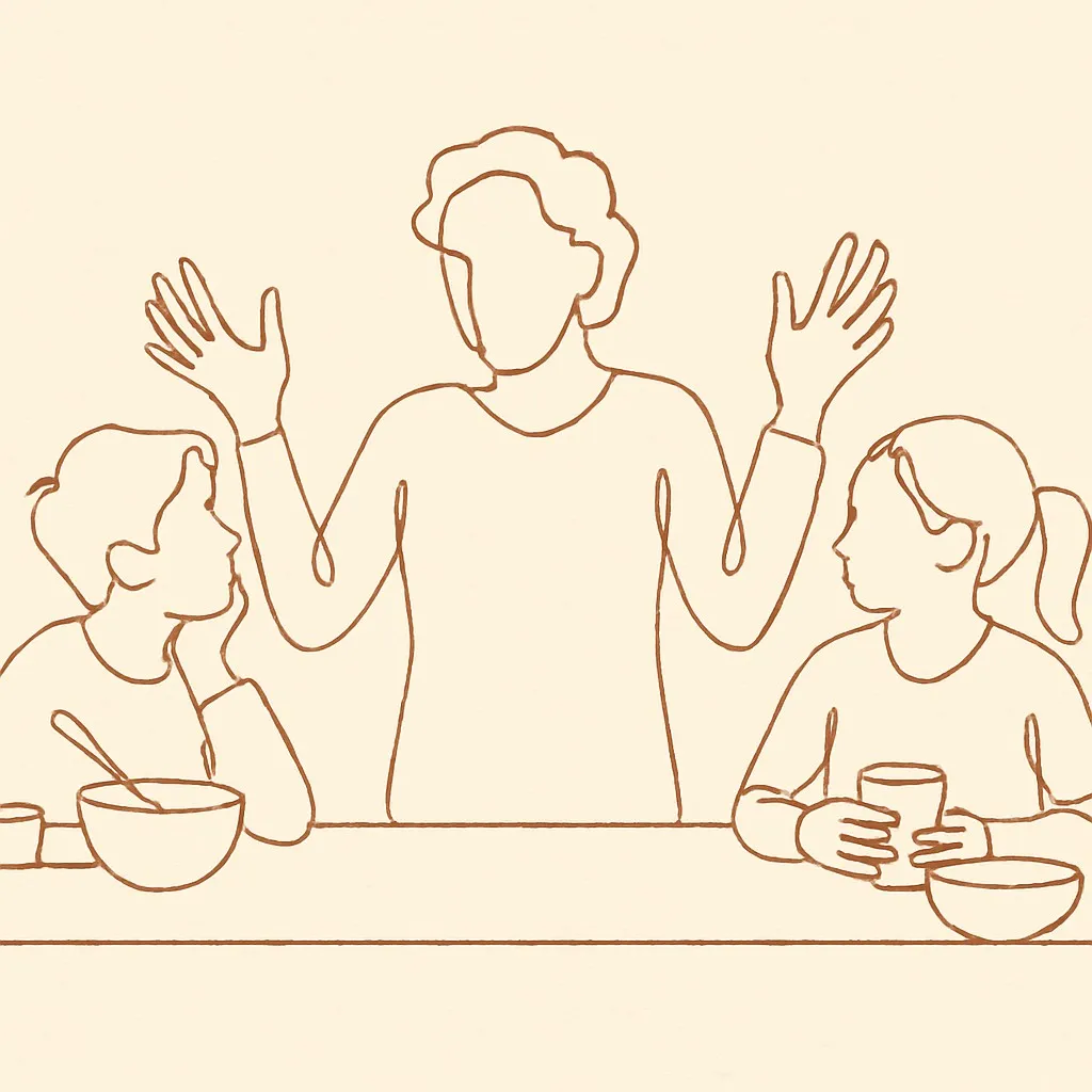 Line art of two siblings at a kitchen counter, parent in between with hands raised
