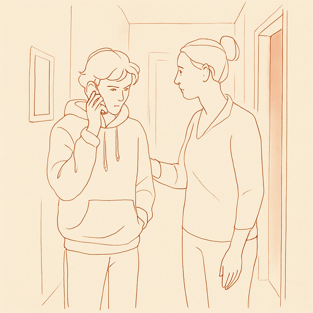 Line art of a teen and parent in a hallway after a phone call, soft afternoon light
