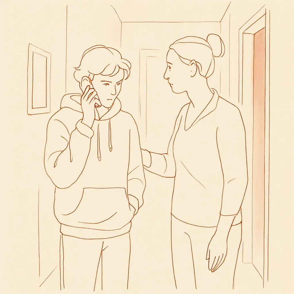 Line art of a teen and parent in a hallway after a phone call, soft afternoon light