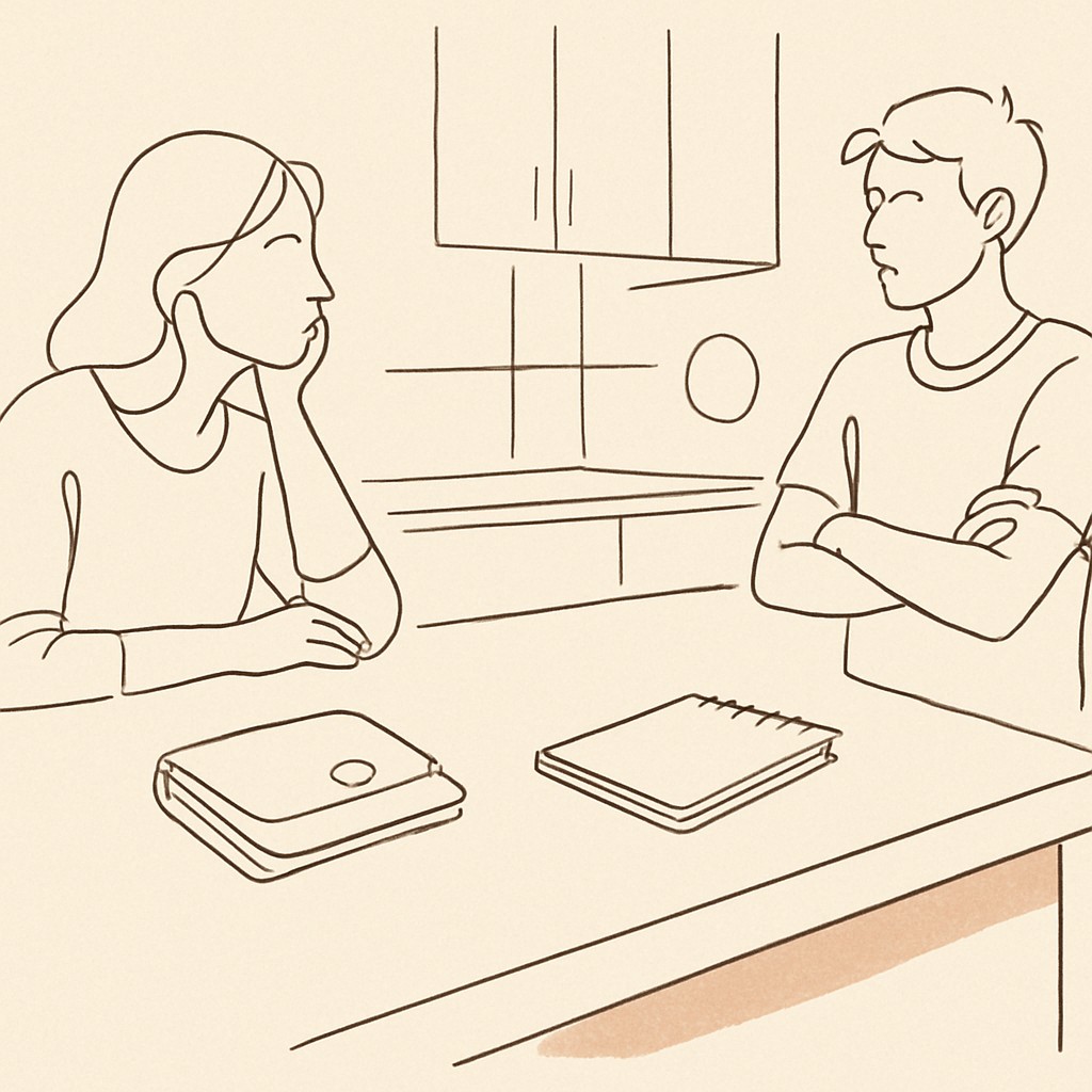 Line art of a wallet and a small notebook on a kitchen counter, parent and teen on opposite sides