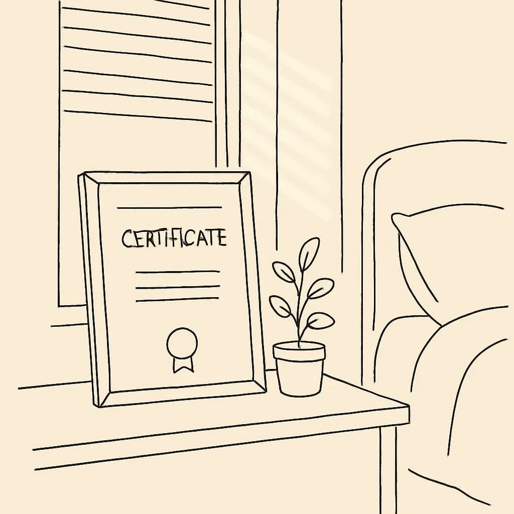 Line art of a framed certificate leaning against a bedroom wall on a desk beside a small plant in soft afternoon light