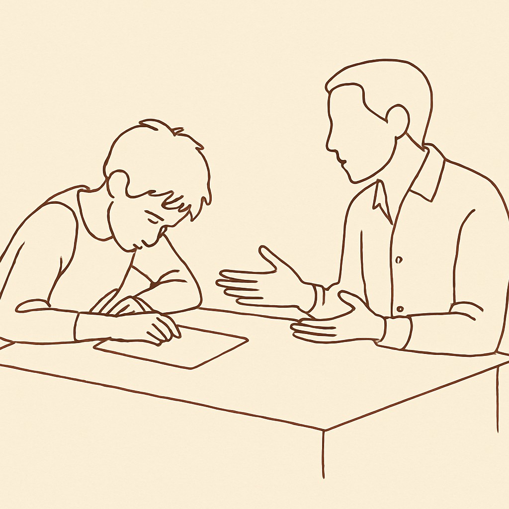 Line art of a teen looking down at a paper on a kitchen table, a parent across with hands open