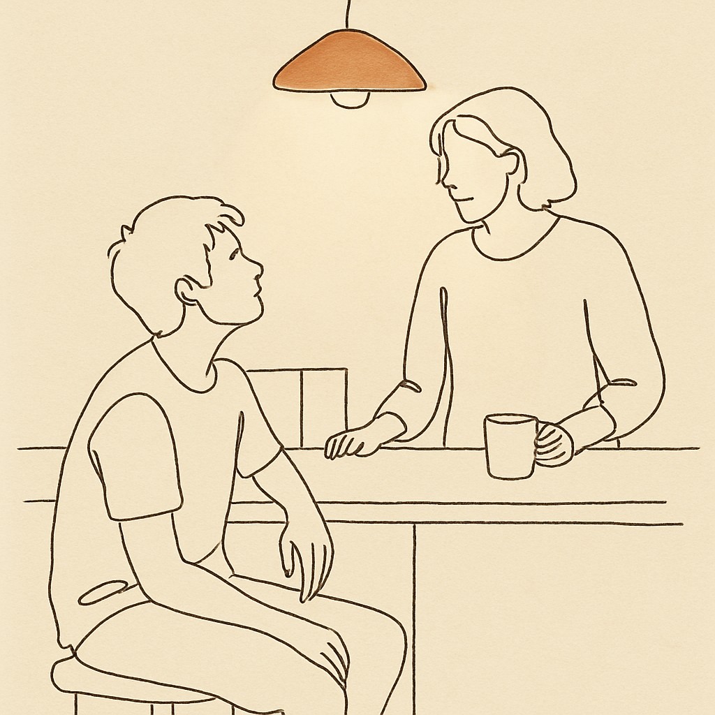 Line art of a teen looking up at a parent across a kitchen counter, soft warm overhead light