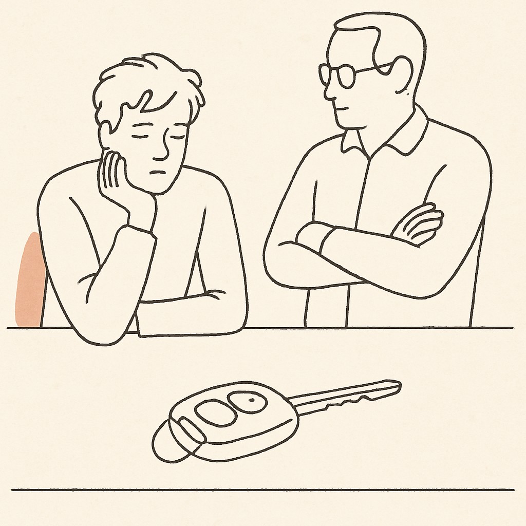 Line art of a car key on a kitchen counter, a teen and parent on opposite sides
