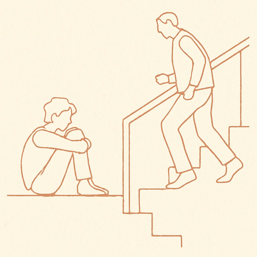 Line art of a teen sitting on a stair landing, parent climbing the stairs toward them