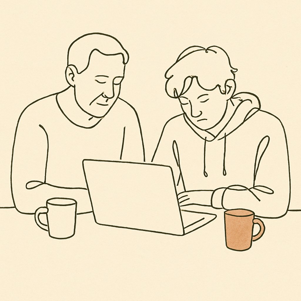 Line art of a parent and teen at a kitchen table, an open laptop between them, both looking down