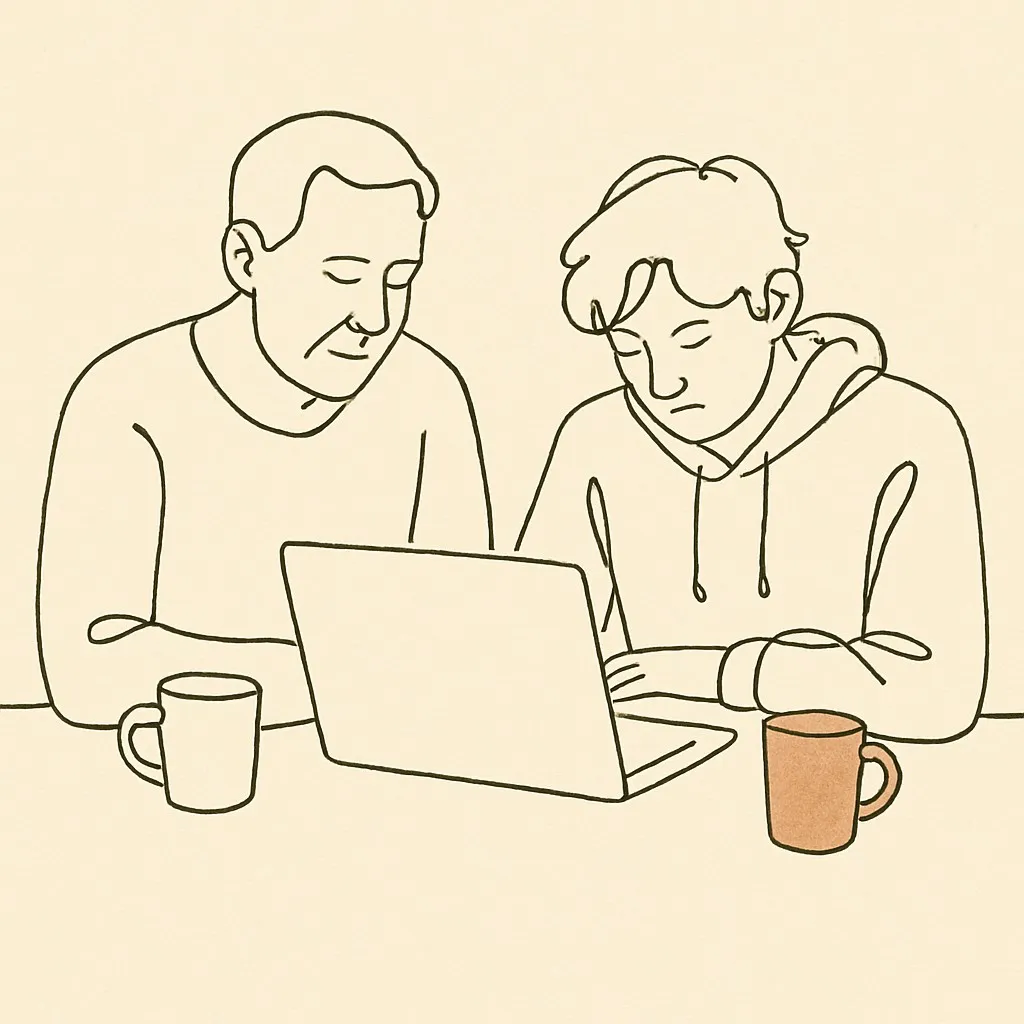 Line art of a parent and teen at a kitchen table, an open laptop between them, both looking down