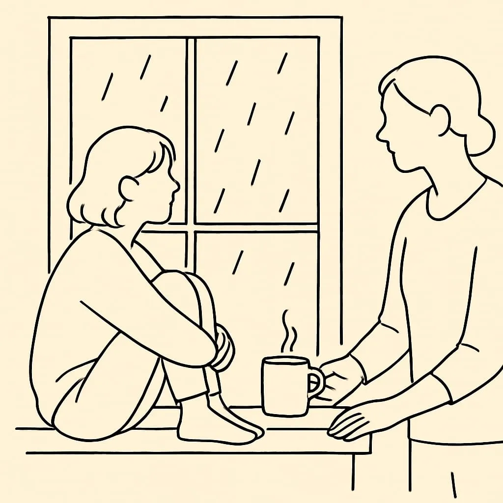 Line art of a teen at a window seat looking out at rain while a parent quietly sets a mug of tea on the sill behind them