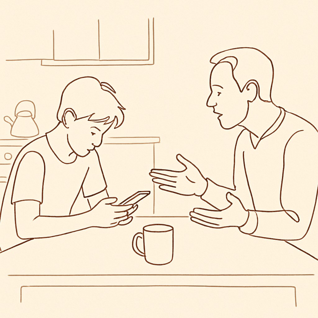 Line art of a teen at a kitchen table looking at a phone, parent across with hands open