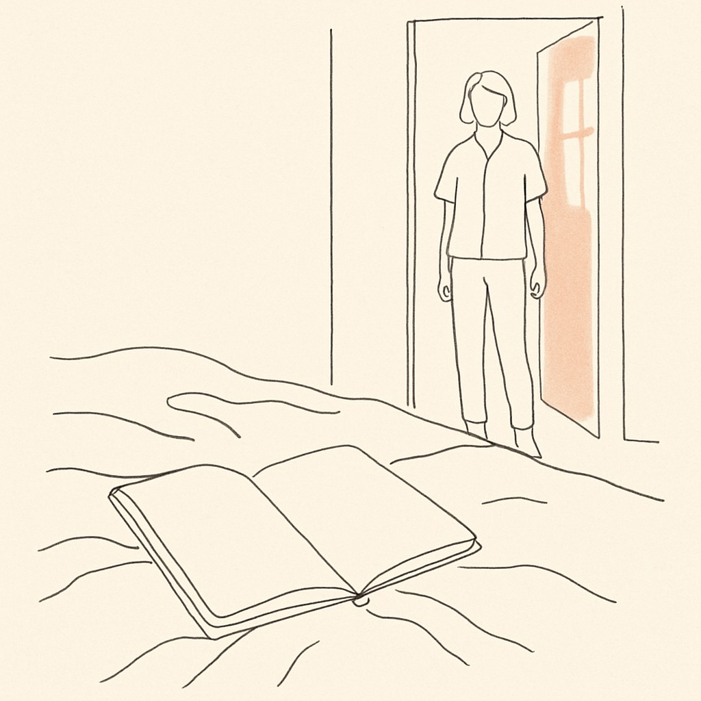 Line art of an open notebook on a bed, a teen standing in the doorway, soft window light