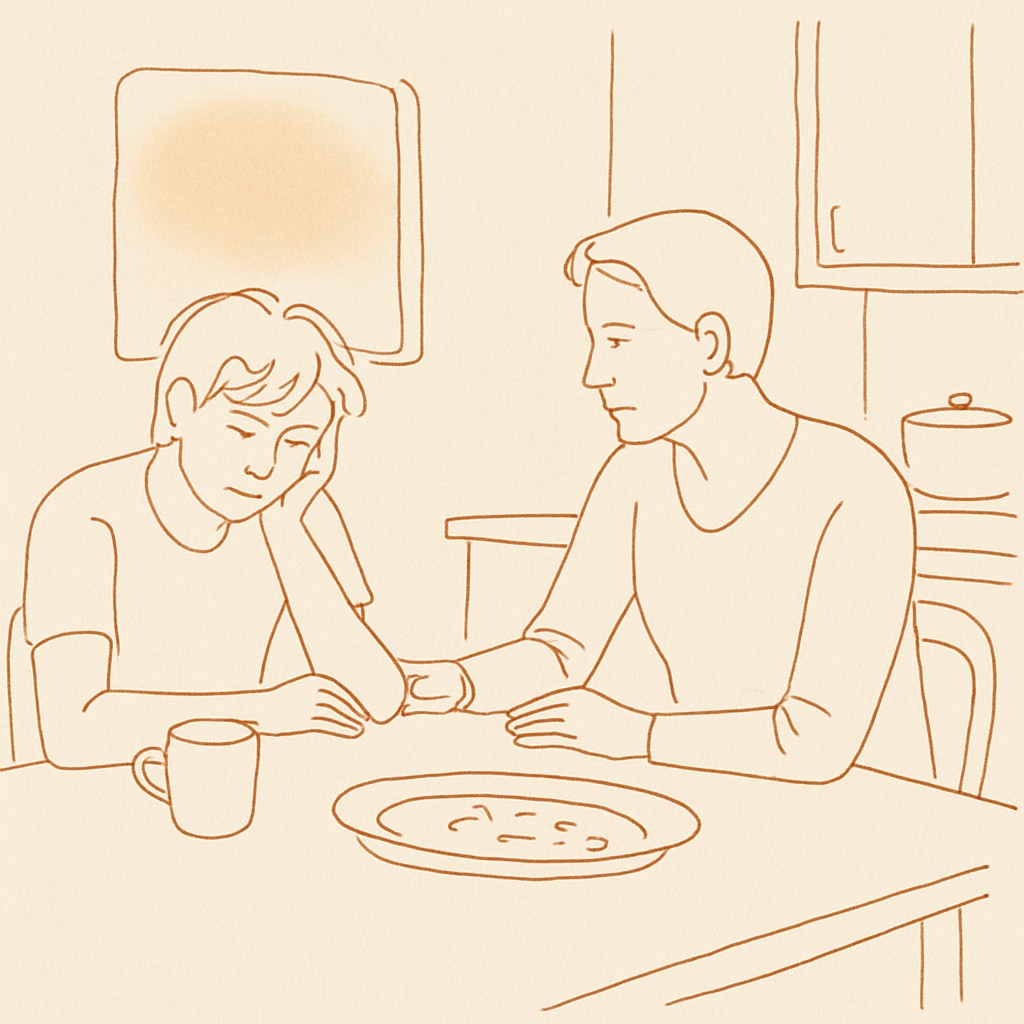 Line art of a teen and parent at a kitchen table after company has left, soft warm light