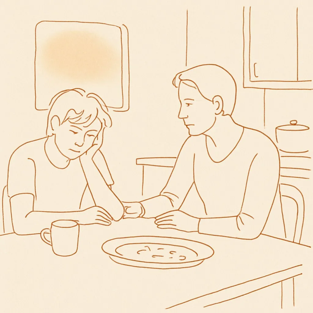 Line art of a teen and parent at a kitchen table after company has left, soft warm light