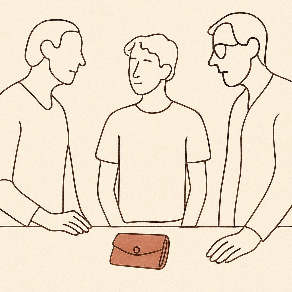 Line art of a wallet on a kitchen counter, a teen and parent on either side