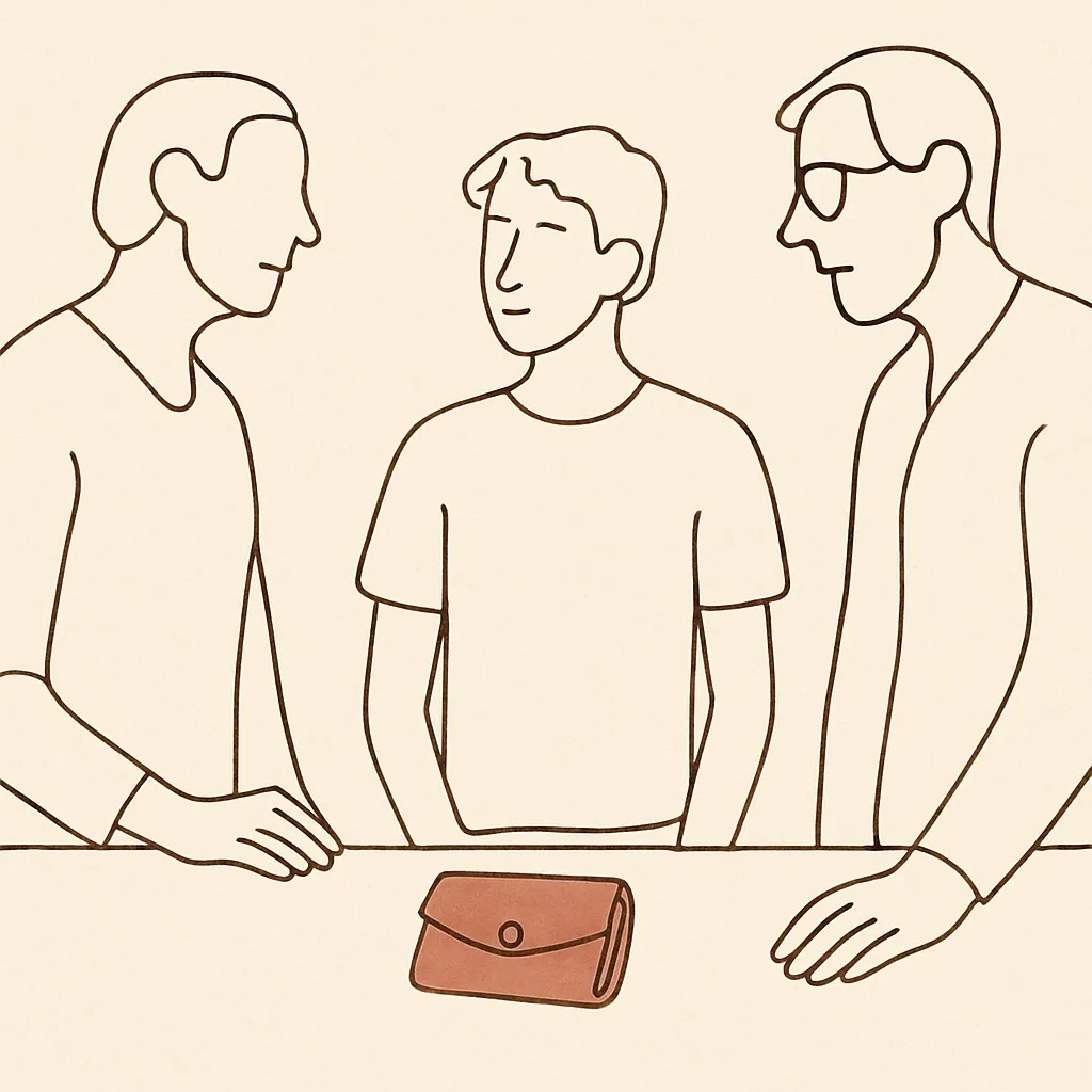 Line art of a wallet on a kitchen counter, a teen and parent on either side