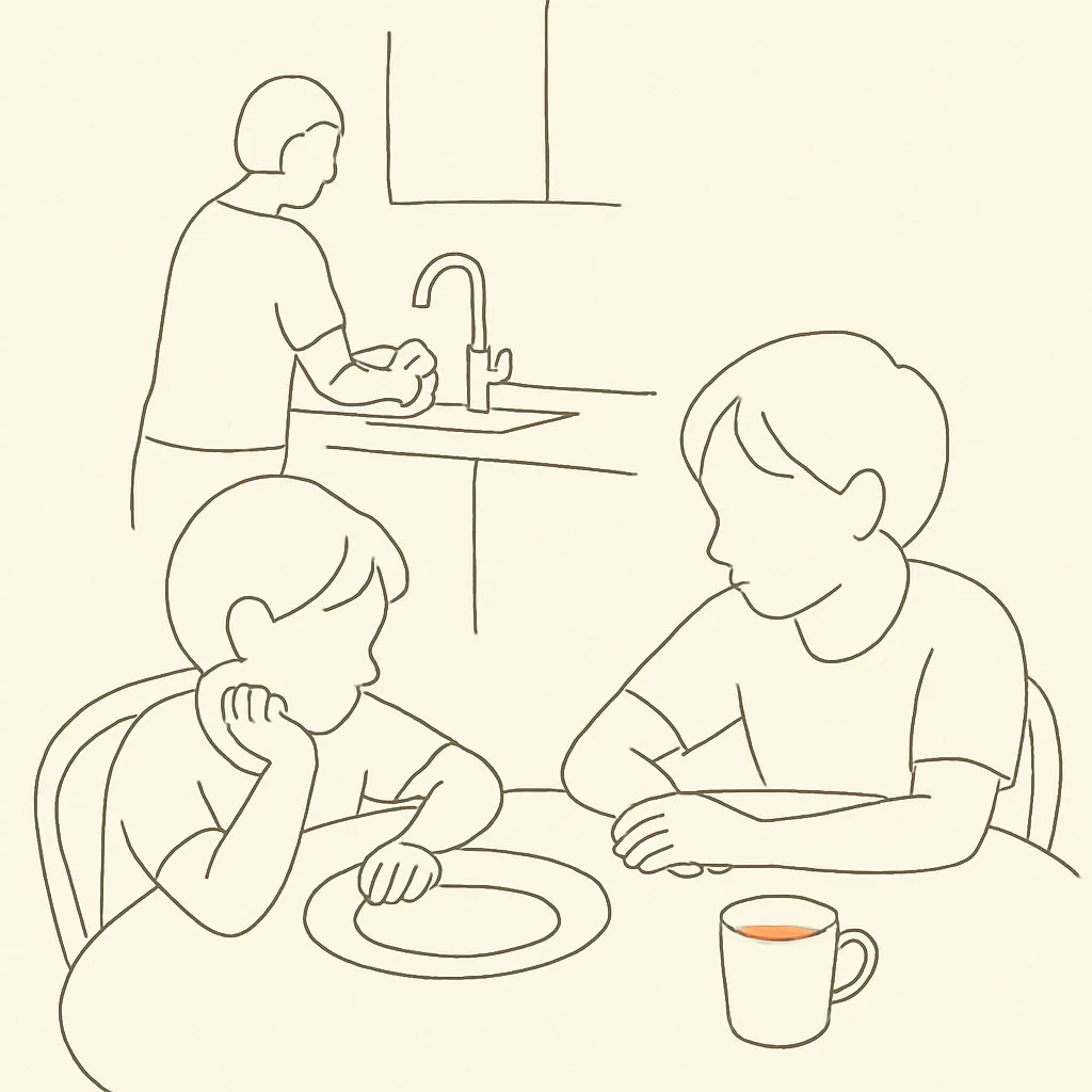 Line art of two siblings at a kitchen table, parent at the sink