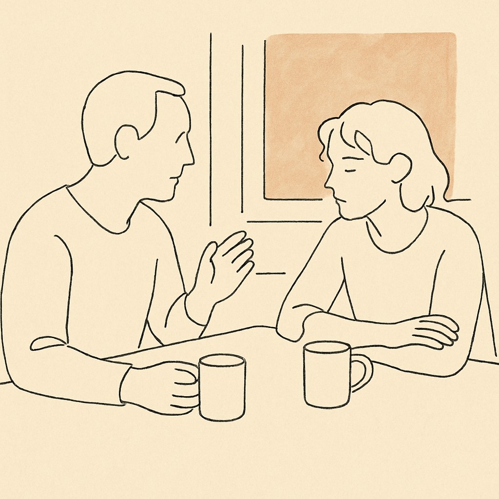 Line art of a parent and teen at a kitchen table, two mugs between them, morning light