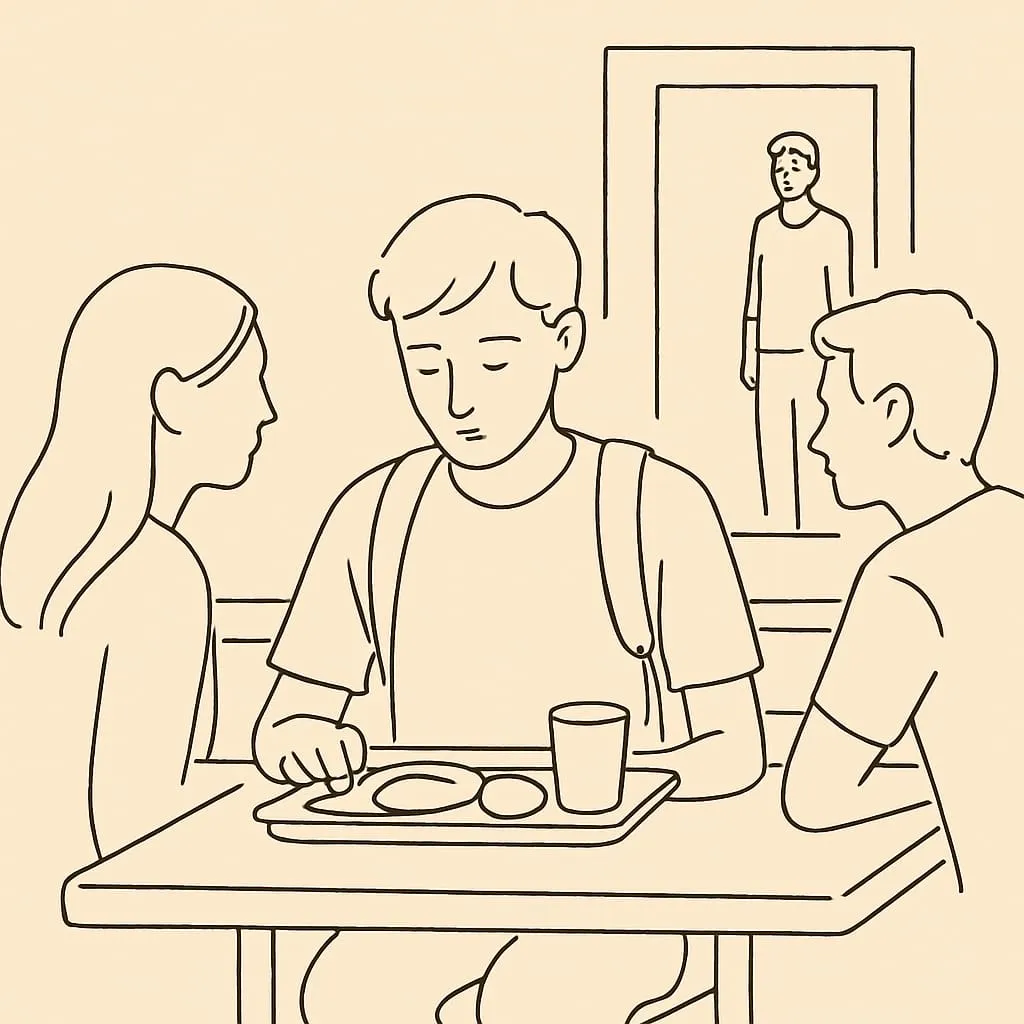Line art of a teen at a school cafeteria table with two friends, a parent visible in the background through a hallway doorway