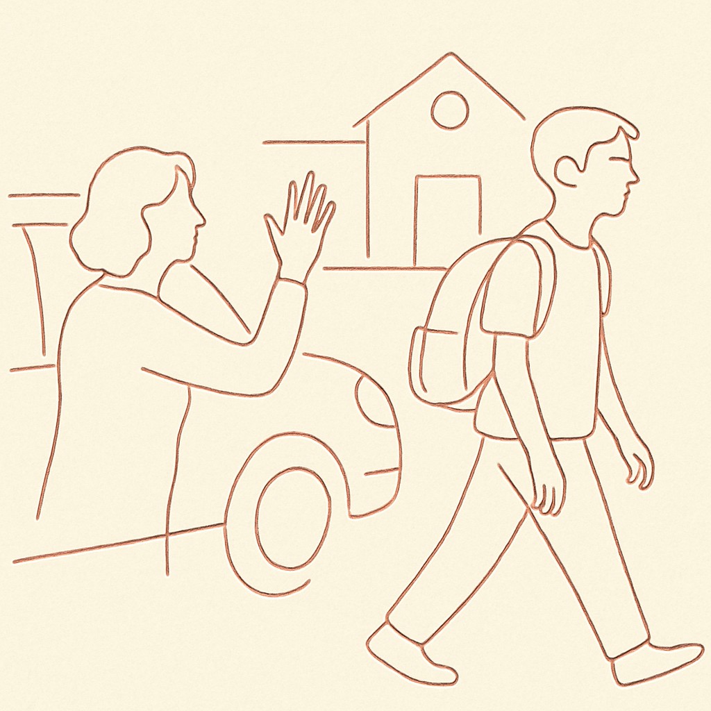 Line art of a parent waving and a teen walking ahead pretending not to notice, at a school dropoff