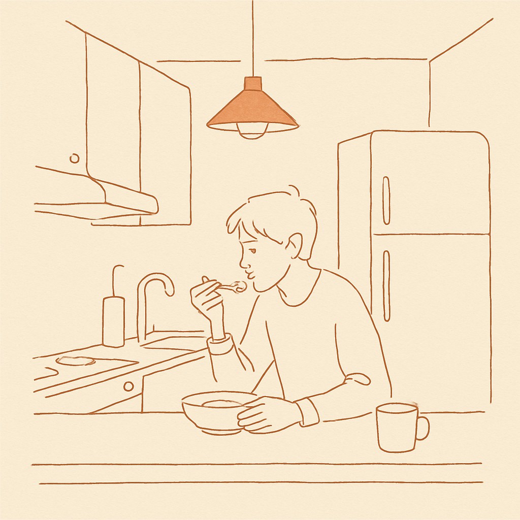 Line art of a dim kitchen at night, a single light on, a teen at the counter eating standing up