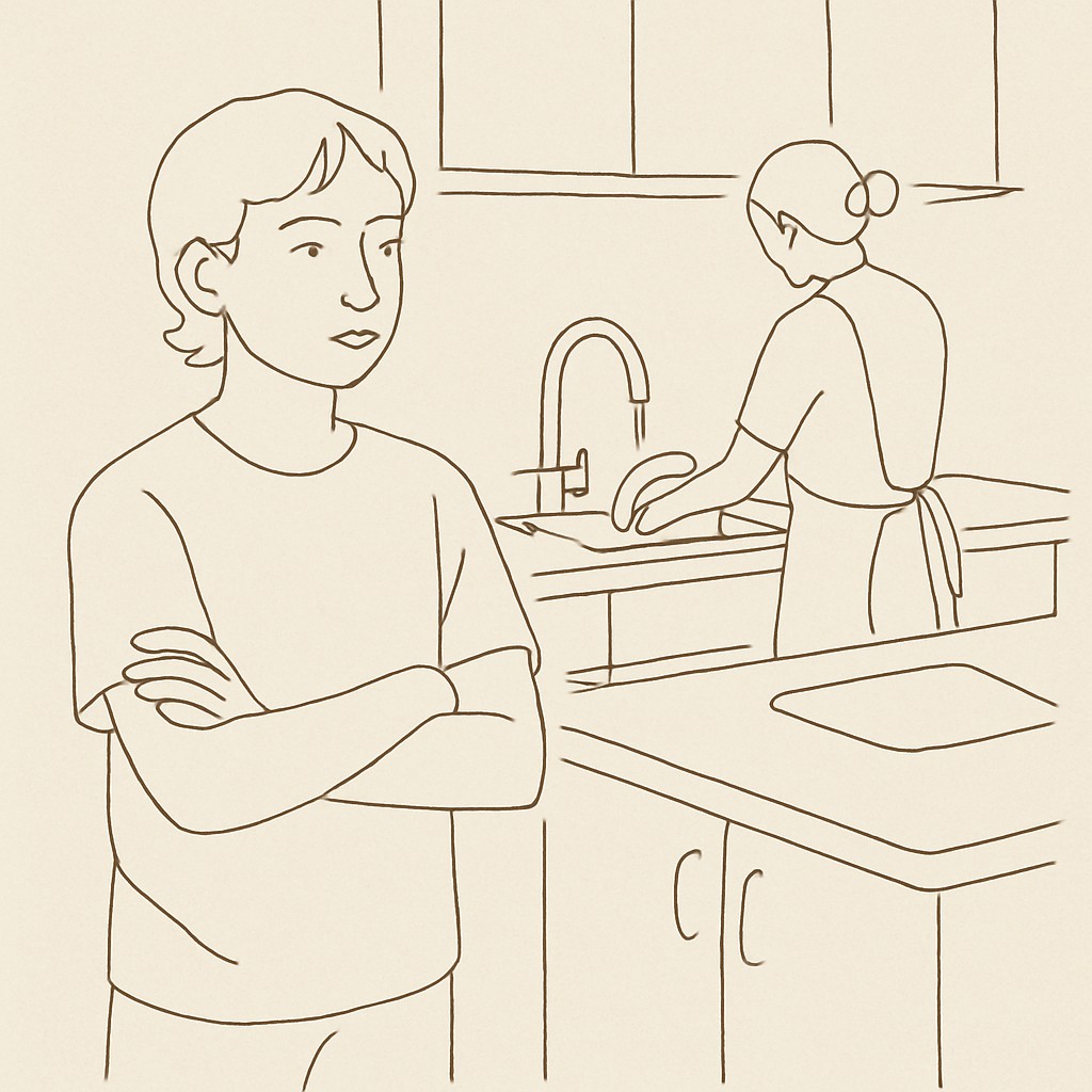 Line art of a 12-year-old standing in a kitchen with arms crossed, parent at the sink