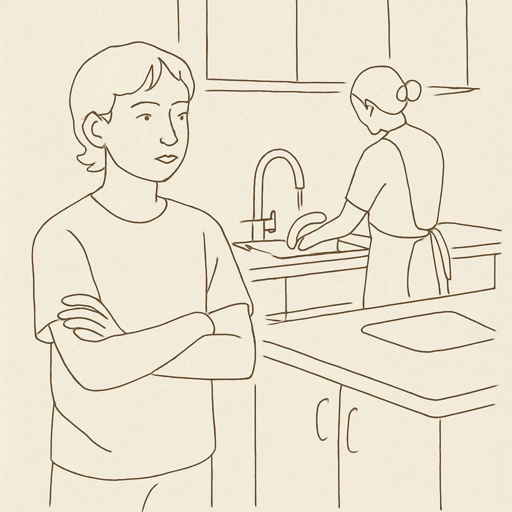 Line art of a 12-year-old standing in a kitchen with arms crossed, parent at the sink